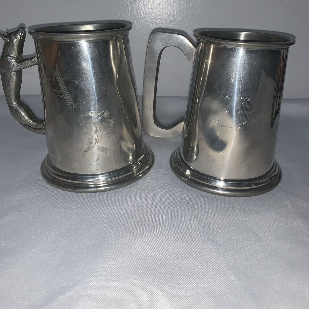 2  1779 Sheffield Pewter Wolf Handle Mug Cup England Hunting Animal Glass Button